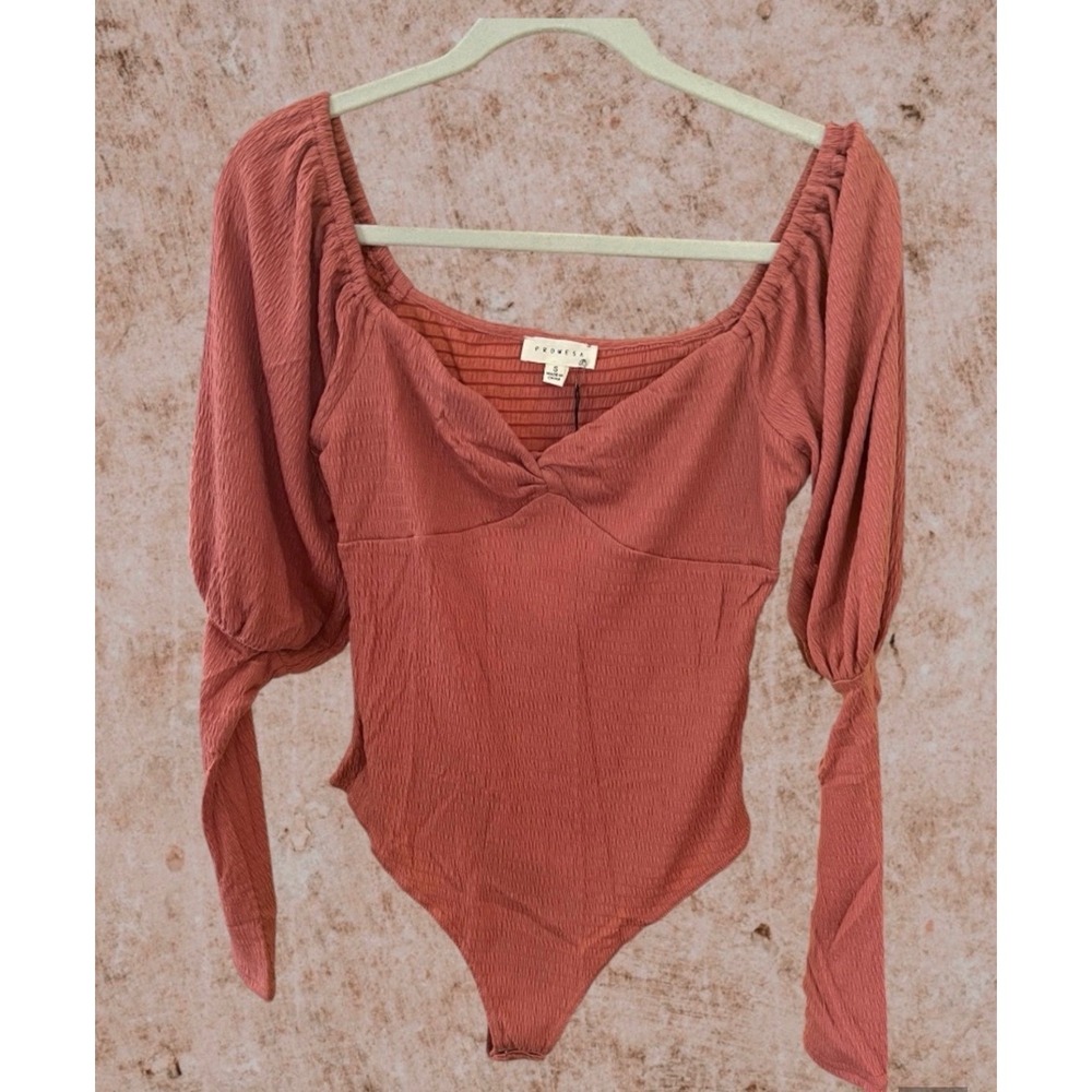 Promesa Textured Puff Sleeve Bodysuit Rose Pink Sweetheart Neck Smocked Back S